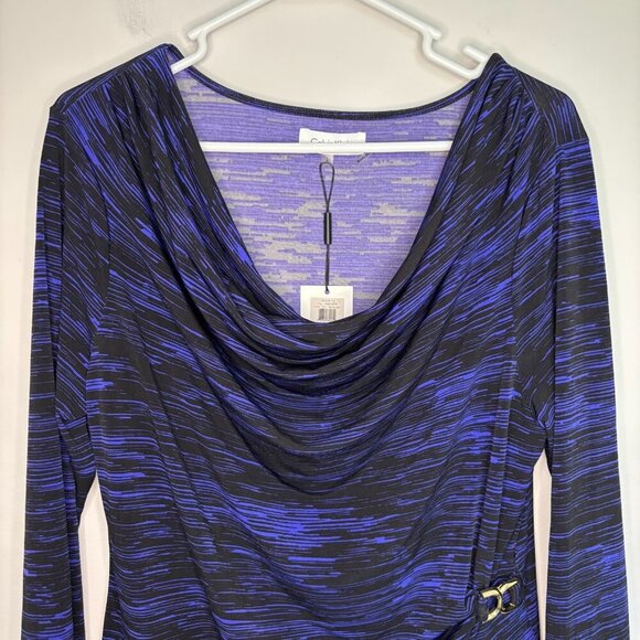CALVIN KLEIN NEW Cowl Neck Tunic Womens L Blue Black Faux Wrap Slimming Stretch - Picture 1 of 8